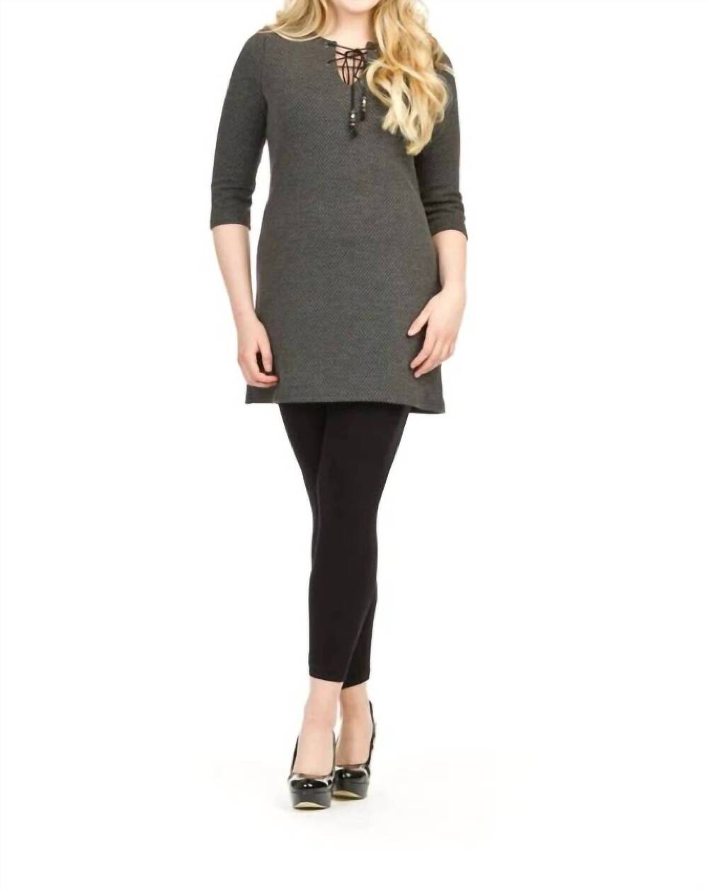 NEW PAPILLON waffle lace-up sweater tunic in charcoal